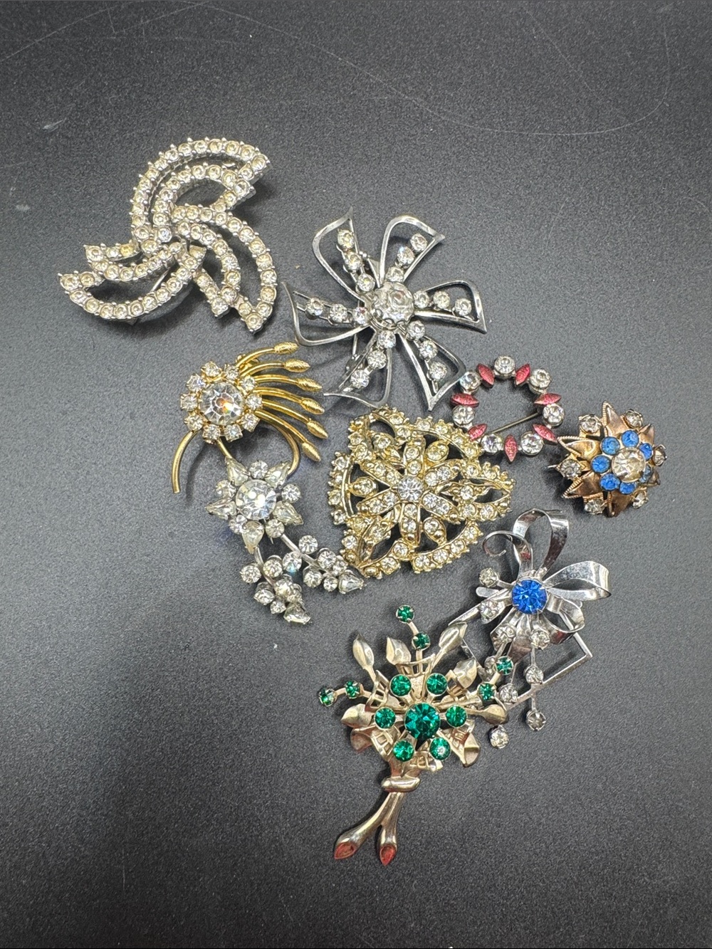9 Vintage Multi-Color Rhinestone Brooch Set